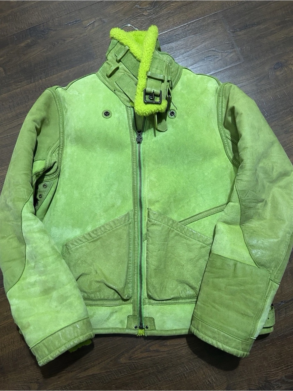 Polo by Ralph Lauren Neon Green Suede Shearling-Trim Bomber Jacket